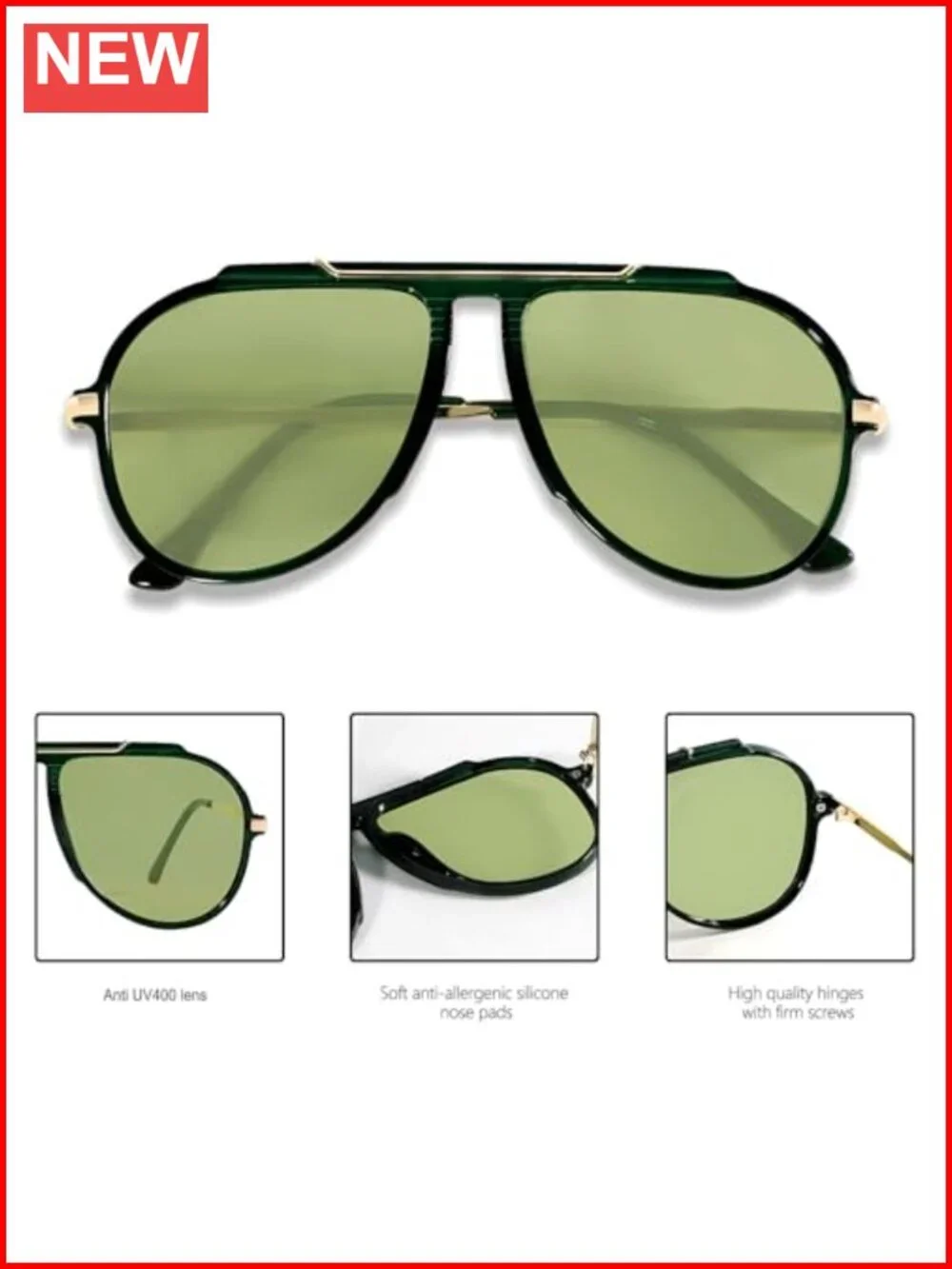 Oversized Retro Aviator Sunglasses UV400 Protection Gold Metal Accent